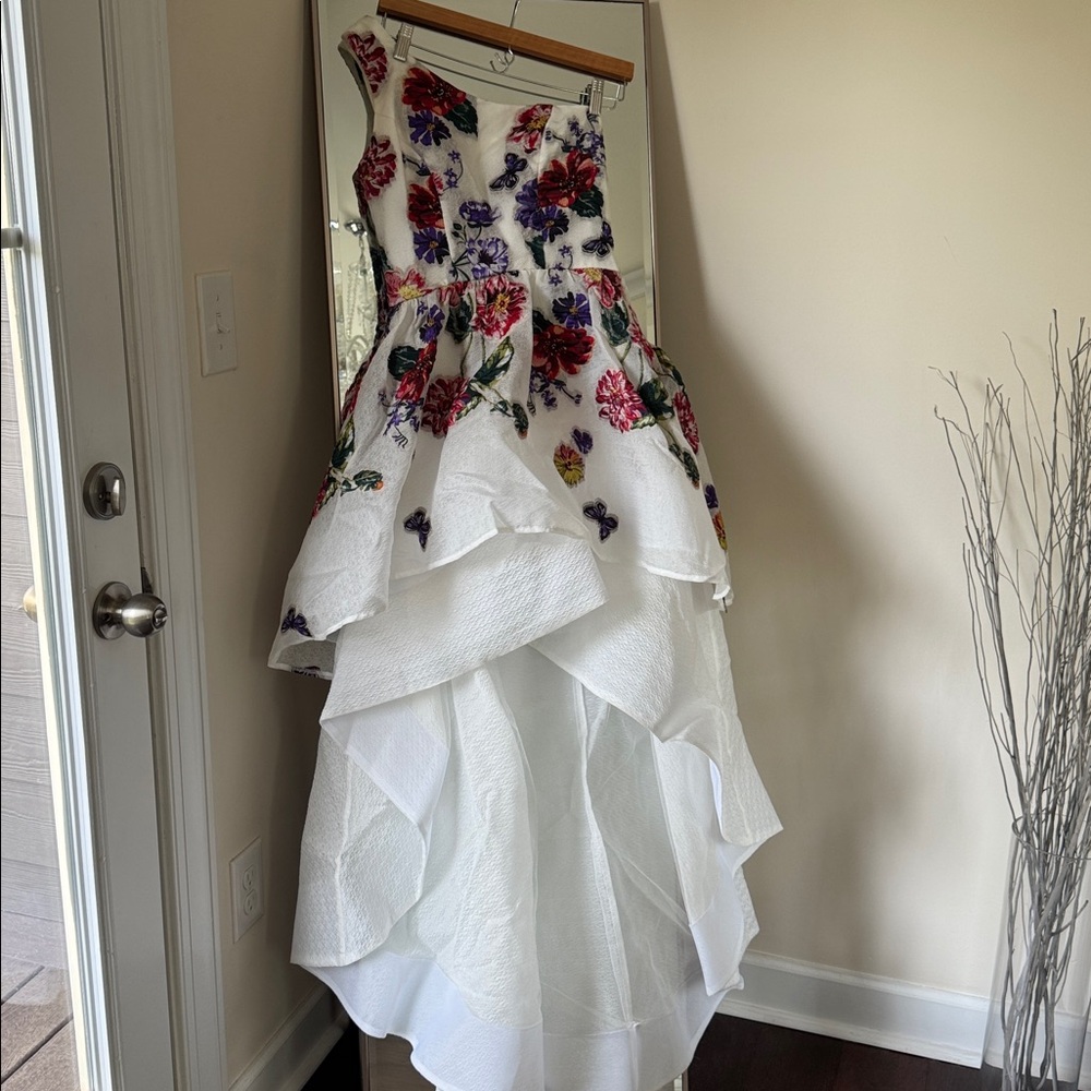 Marchesa Notte White Dress with Floral Accents